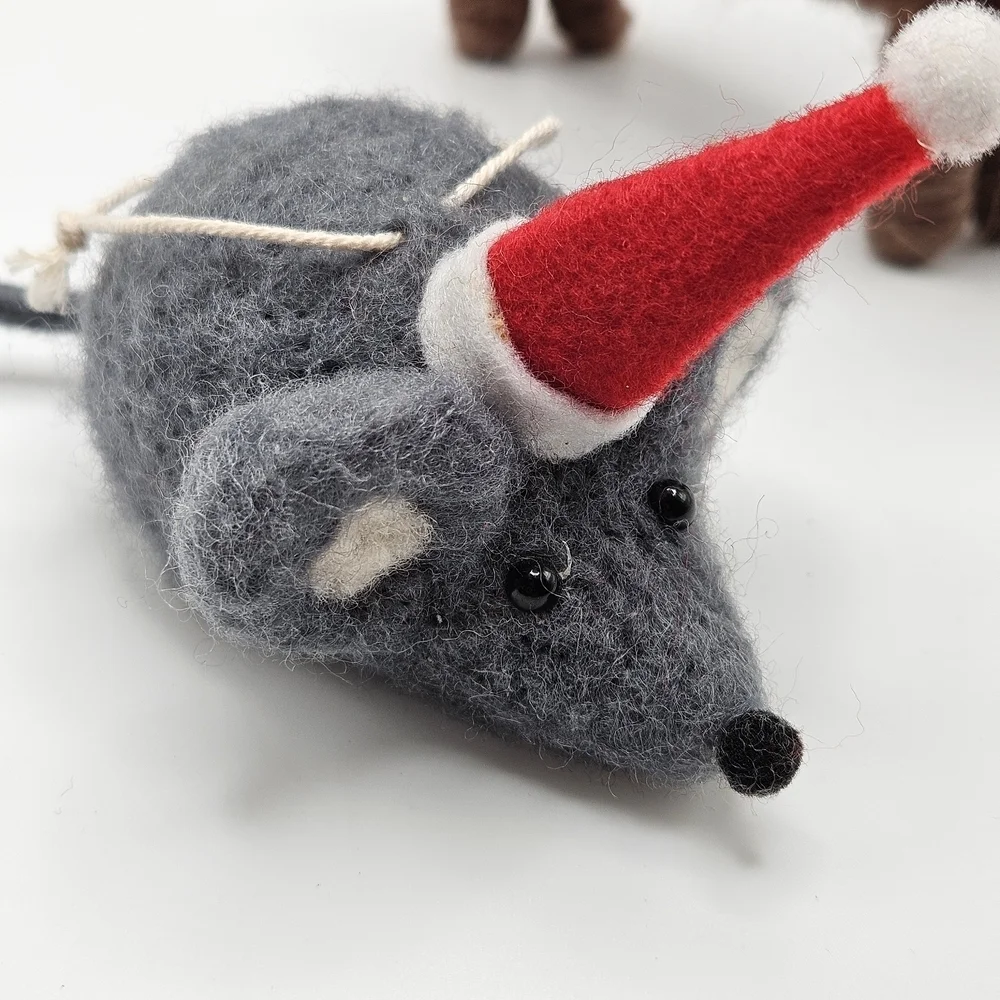Felted Christmas Holiday Mouse and Dog Ornaments Sant Hats